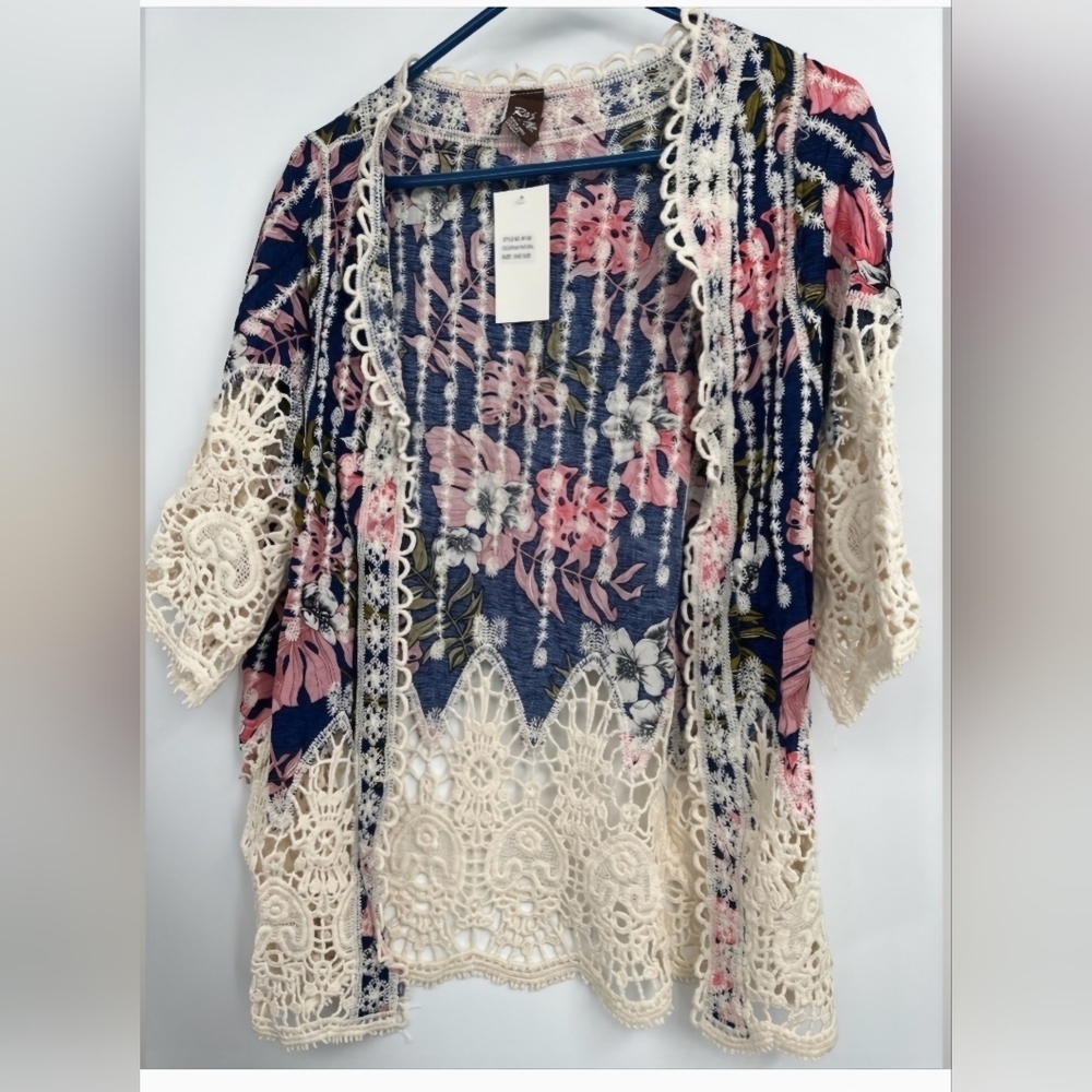 Raj Cream, Pink & Navy Crochet Kimono Cardigan with Floral Geometric Patterns - Picture 7 of 7